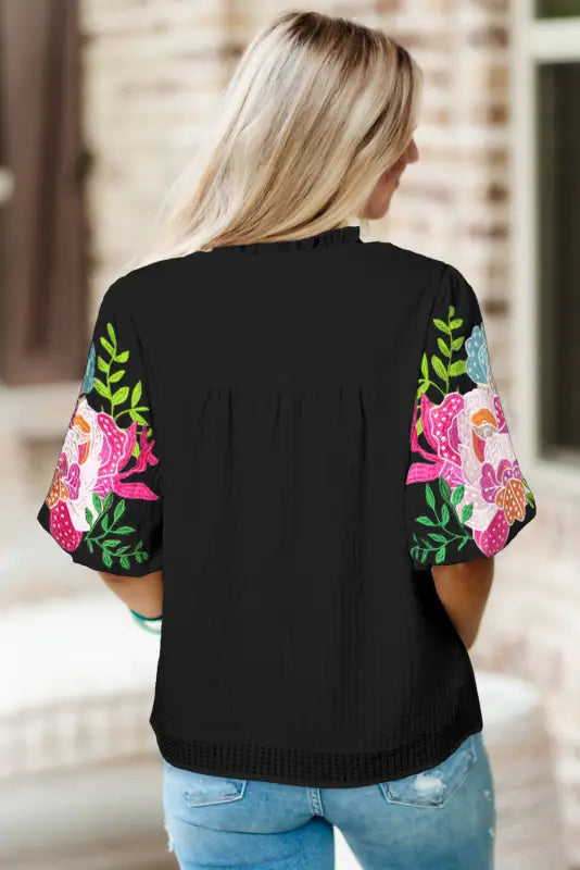 Floral embroidered puff sleeve blouse - blouses