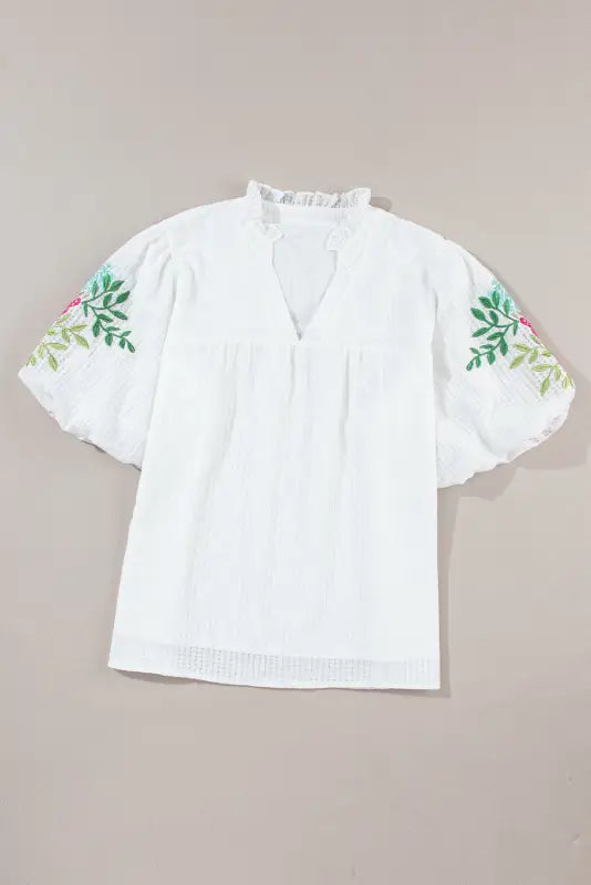 Floral embroidered puff sleeve blouse - white / s / 100% polyester - blouses