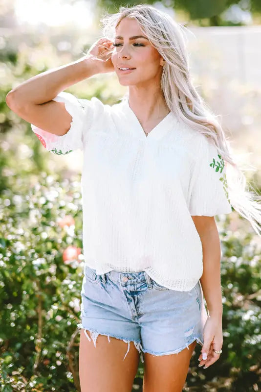 Floral embroidered puff sleeve blouse - blouses