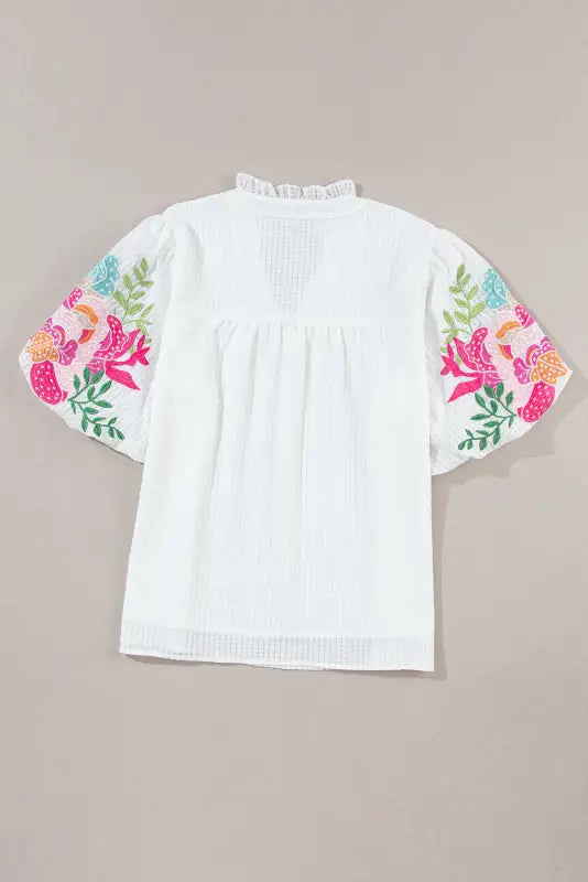 Floral embroidered puff sleeve blouse - blouses