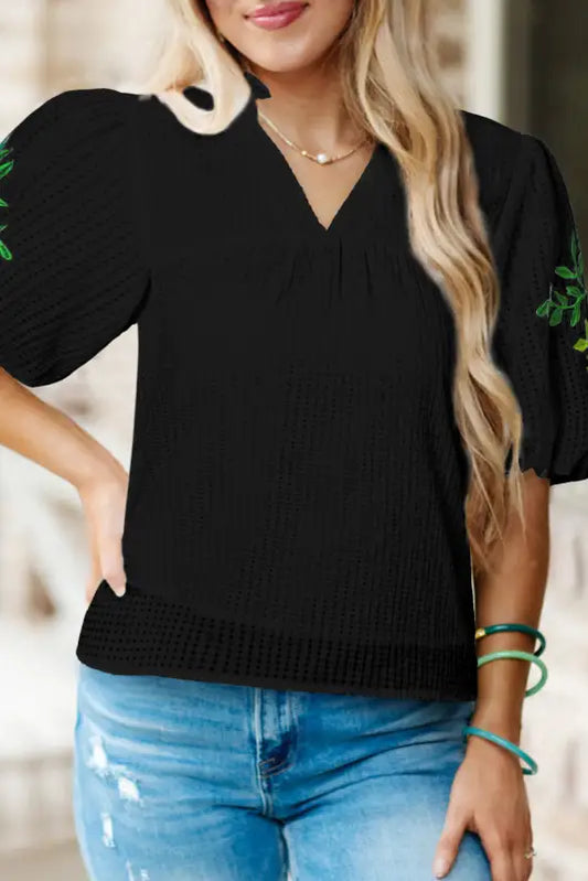 Floral embroidered puff sleeve blouse - black / s / 100% polyester - blouses