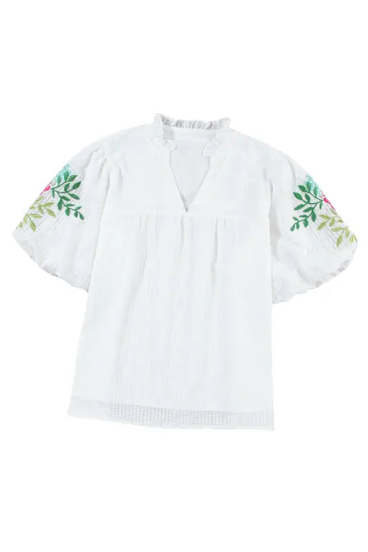 Floral embroidered puff sleeve blouse - blouses