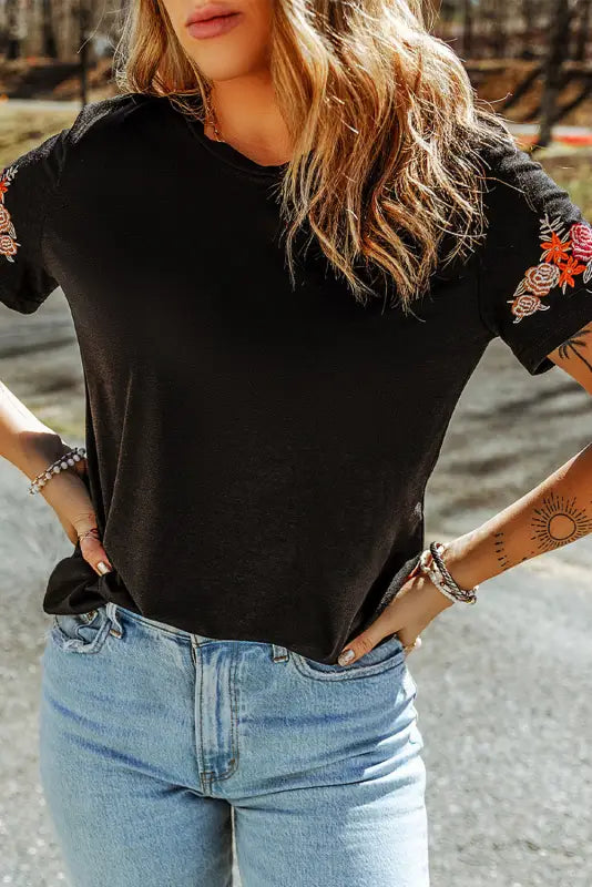 Black floral embroidered round neck short sleeve t shirt - tops