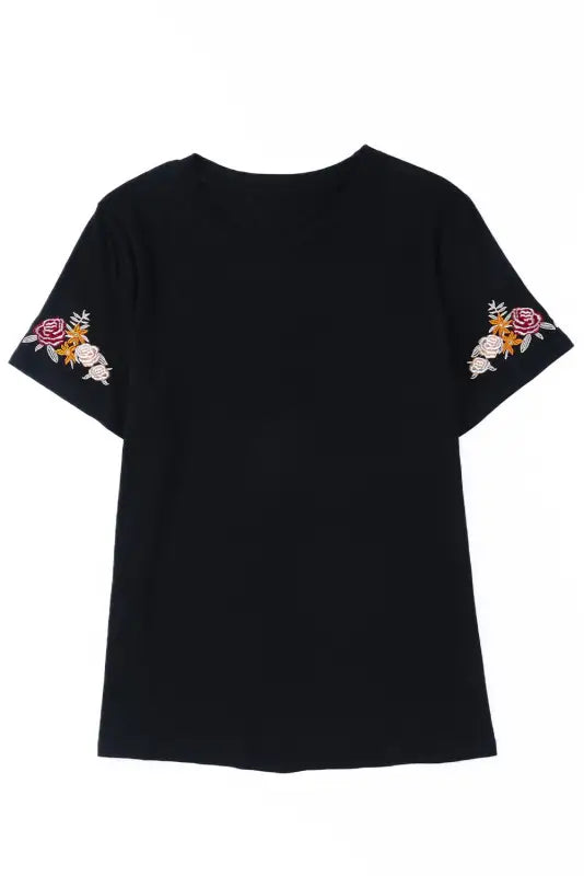 Black floral embroidered round neck short sleeve t shirt - tops