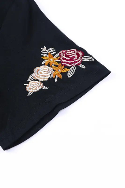 Black floral embroidered round neck short sleeve t shirt - tops