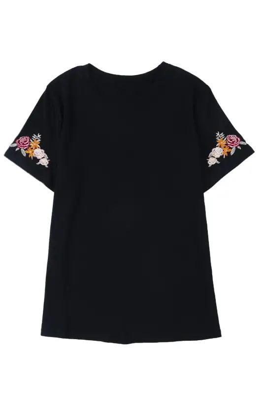 Black floral embroidered round neck short sleeve t shirt - tops