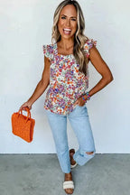 Floral Flutter Tank Top - Square Neck Rose Red - Fashionfitz