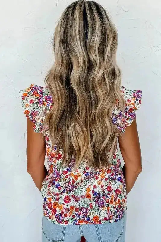 Back view of Floral Flutter Tank Top - Square Neck Style showing floral print and ruffle sleeve detail, ideal for summer fashion.