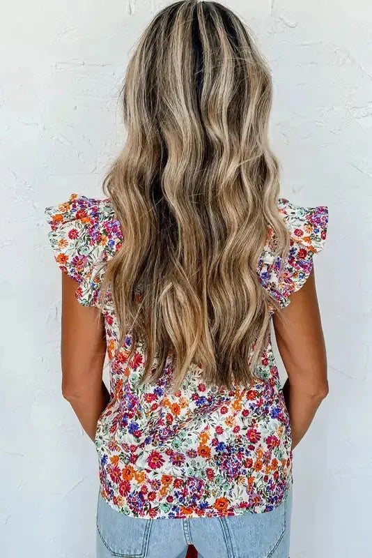 Floral Flutter Tank Top - Square Neck Rose Red - Fashionfitz