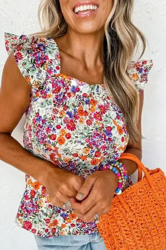 Floral Flutter Tank Top - Square Neck Style in rose red with ruffle sleeves, perfect for casual summer wear and daily outfits.