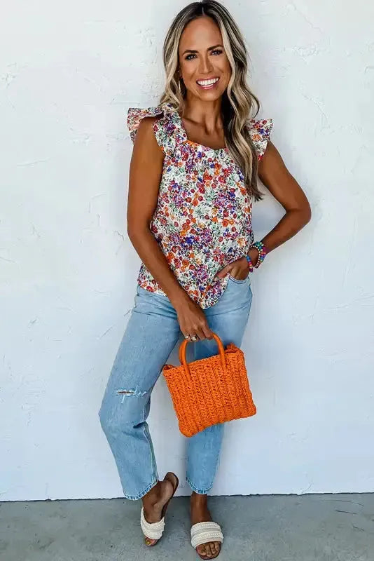 Floral Flutter Tank Top - Square Neck Rose Red - Fashionfitz