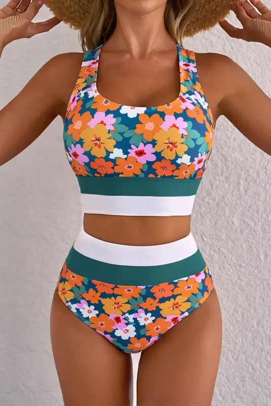 Floral high waist bikini with racerback cutout styles