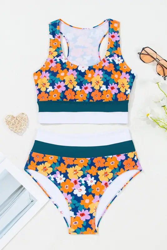 Floral high waist bikini with racerback cutout styles