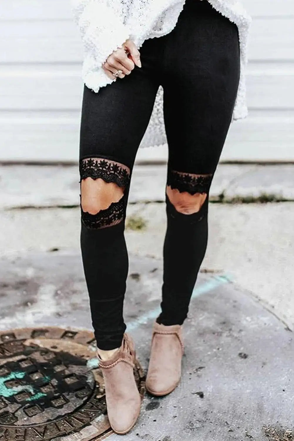 Floral hollow out black skinny leggings - bottoms