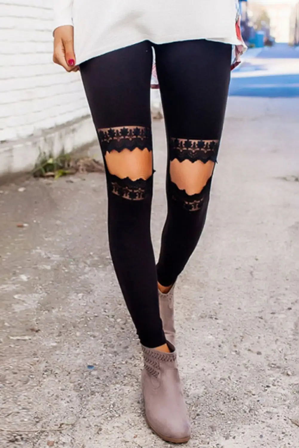 Floral hollow out black skinny leggings - s /