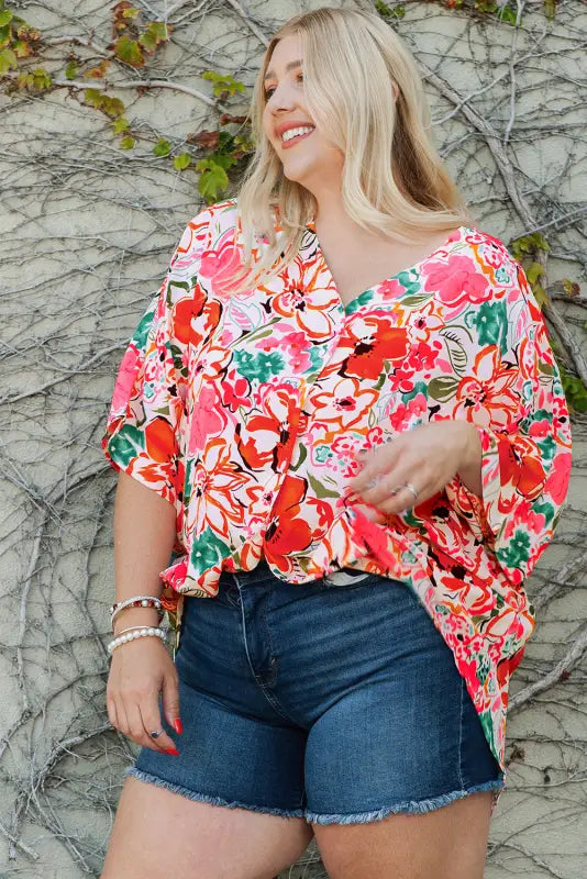 Floral kimono sleeve plus shirt - size blouses