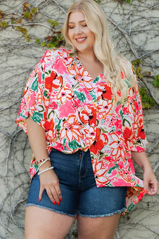 Floral kimono sleeve plus shirt - rose / 1x / 100% polyester - size blouses