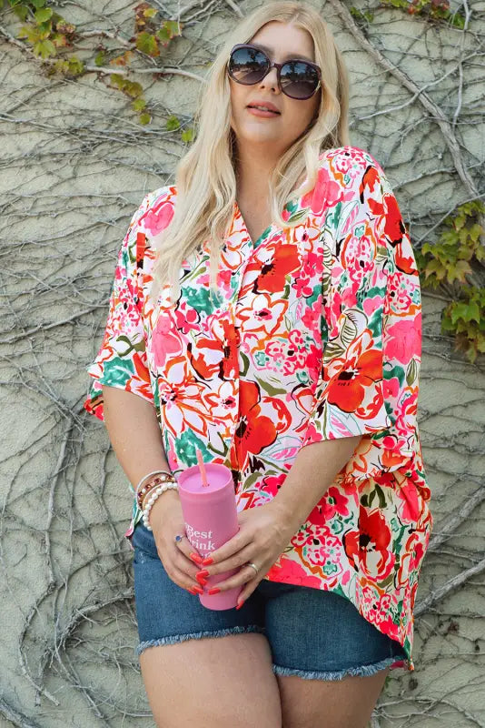 Floral kimono sleeve plus shirt - size blouses