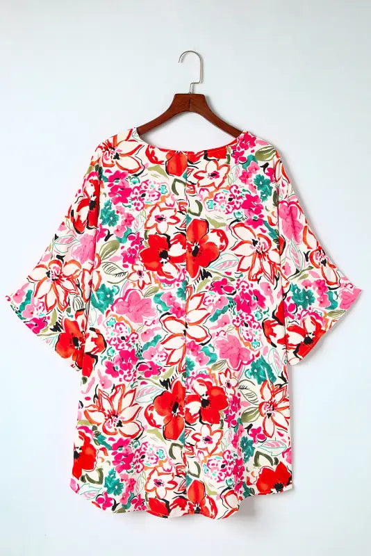 Floral kimono sleeve plus shirt - size blouses