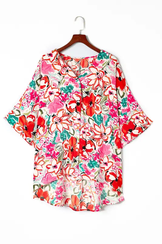 Floral kimono sleeve plus shirt - size blouses