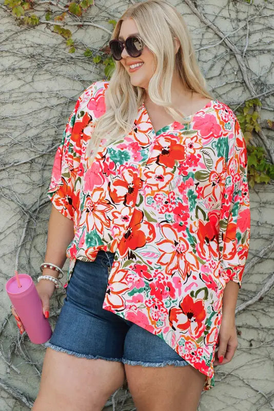 Floral kimono sleeve plus shirt - size blouses