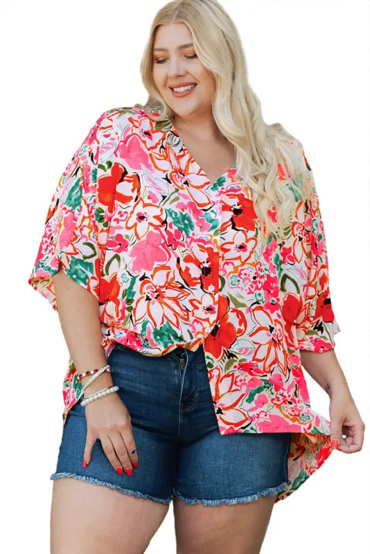 Floral kimono sleeve plus shirt - size blouses