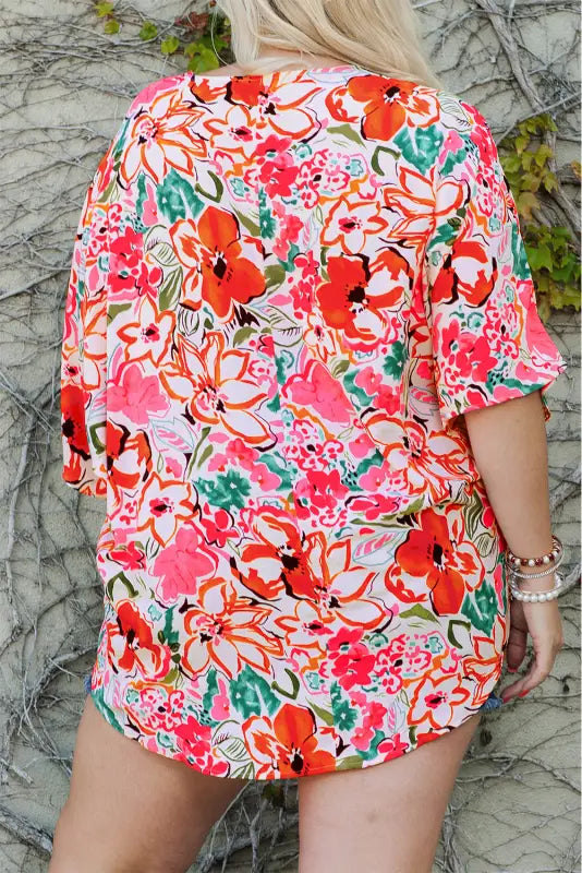 Floral kimono sleeve plus shirt - size blouses