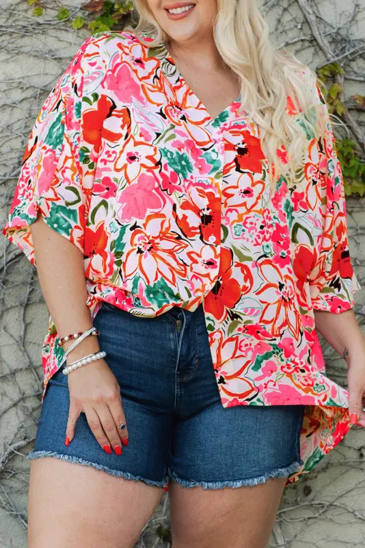 Floral kimono sleeve plus shirt - size blouses