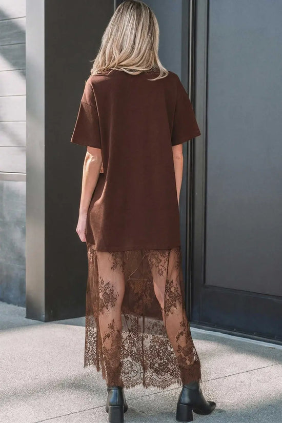 Back view of Brown Floral Lace Skirt Maxi Dress showcasing the sheer lace skirt and relaxed silhouette for daily wear.