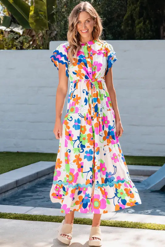 Floral maxi dress - pink ricrac trim flutter sleeve buttoned - dresses/maxi dresses