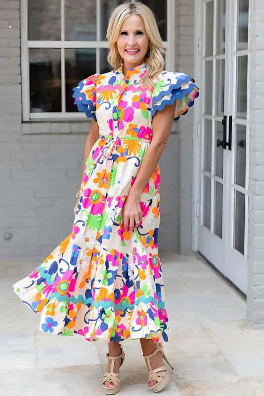 Floral maxi dress - pink ricrac trim flutter sleeve buttoned - dresses/maxi dresses