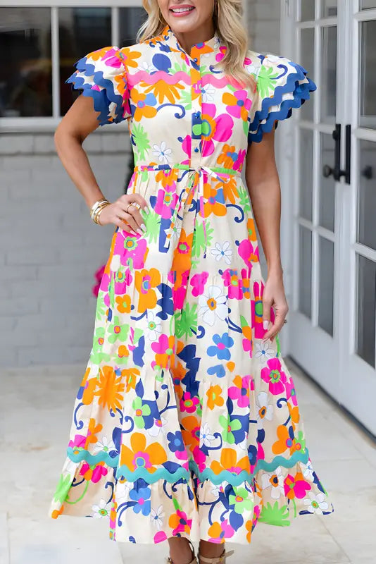 Floral maxi dress - pink ricrac trim flutter sleeve buttoned - s / 100% polyester - dresses/maxi dresses