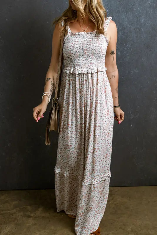 Floral maxi dress - white lace frilly straps shirred - dresses