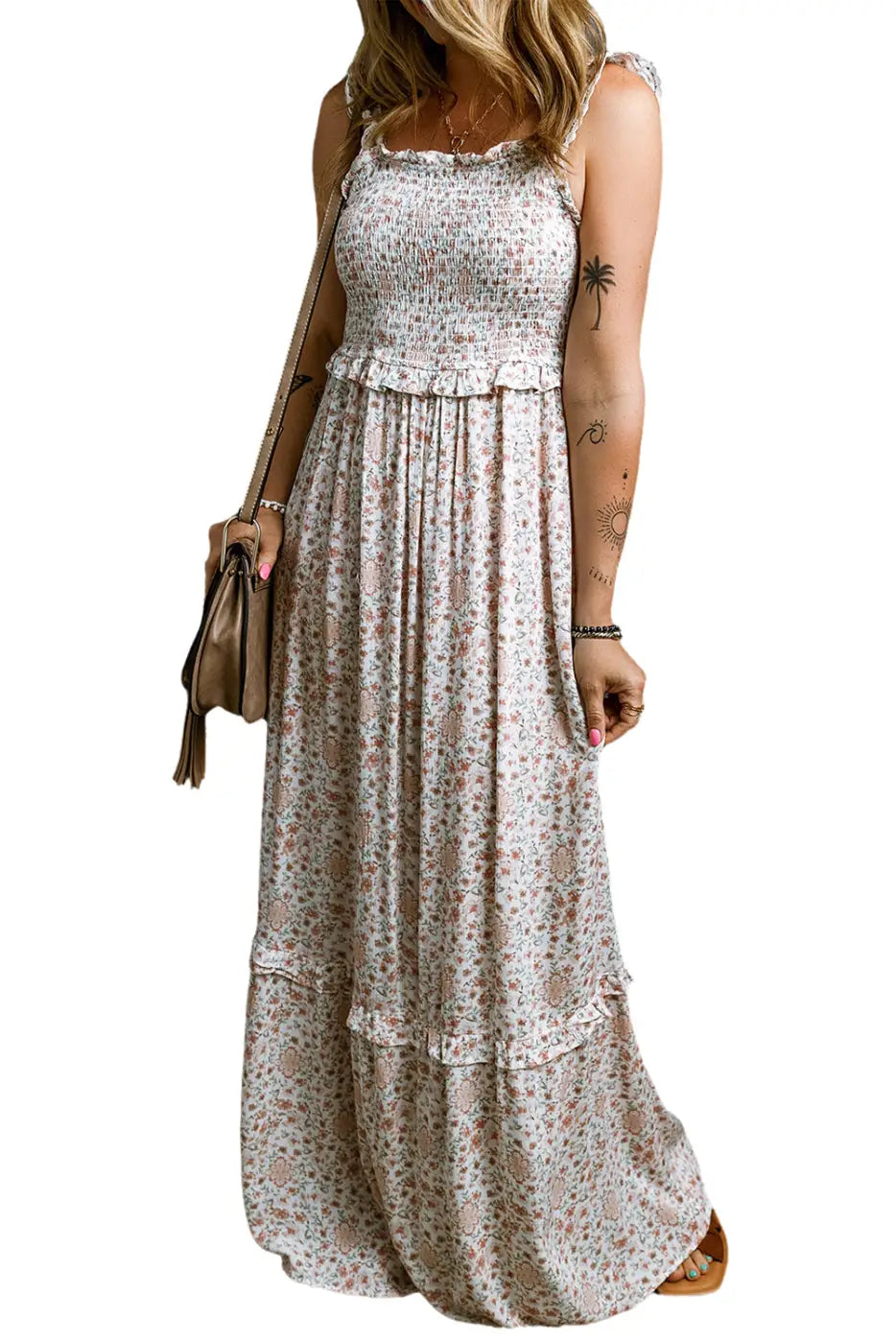 Floral maxi dress - white lace frilly straps shirred - dresses