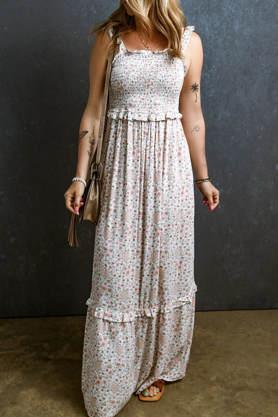 Floral maxi dress - white lace frilly straps shirred - dresses