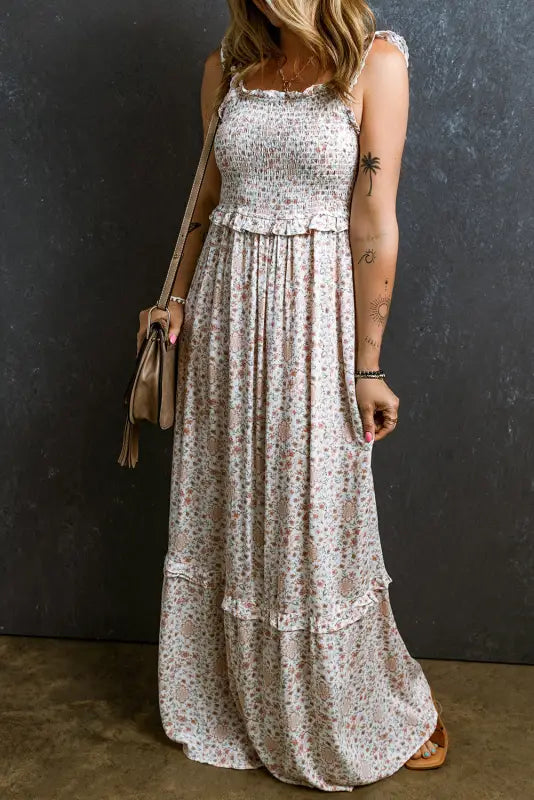 Floral maxi dress - white lace frilly straps shirred - s / 100% viscose - dresses