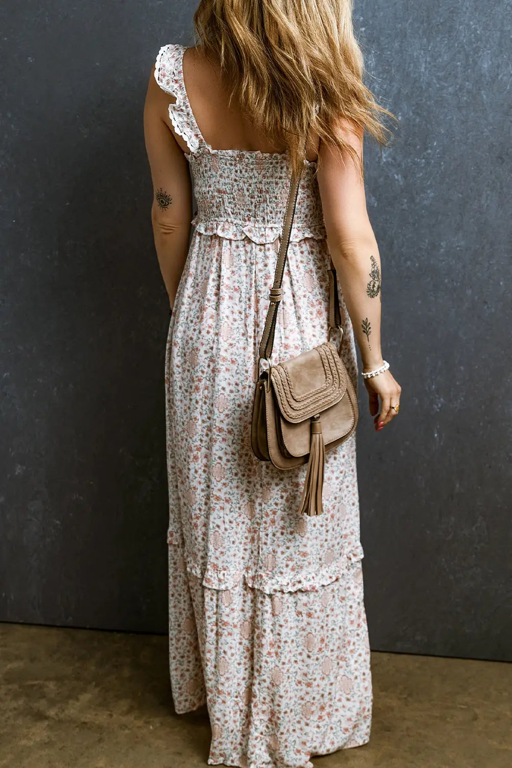 Floral maxi dress - white lace frilly straps shirred - dresses