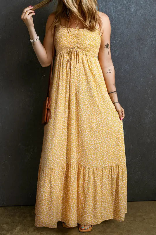 Floral maxi dress - yellow frilly smocked high waist - s / 100% viscose - dresses/maxi dresses