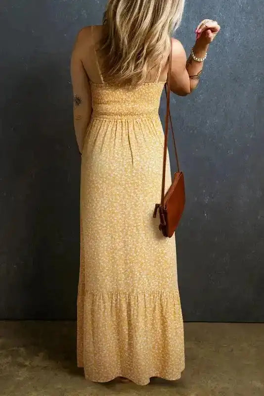 Floral Maxi Dress - Yellow Frilly Smocked High Waist - Fashionfitz