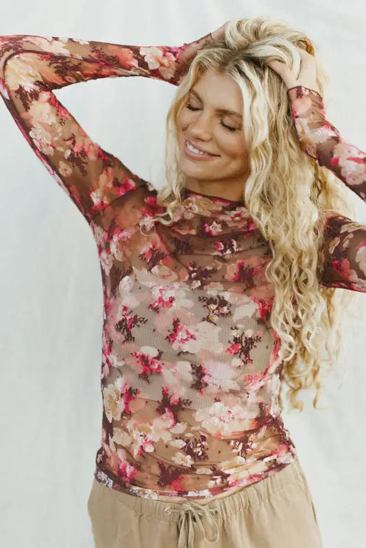 Floral mesh long sleeve top | fashionfitz