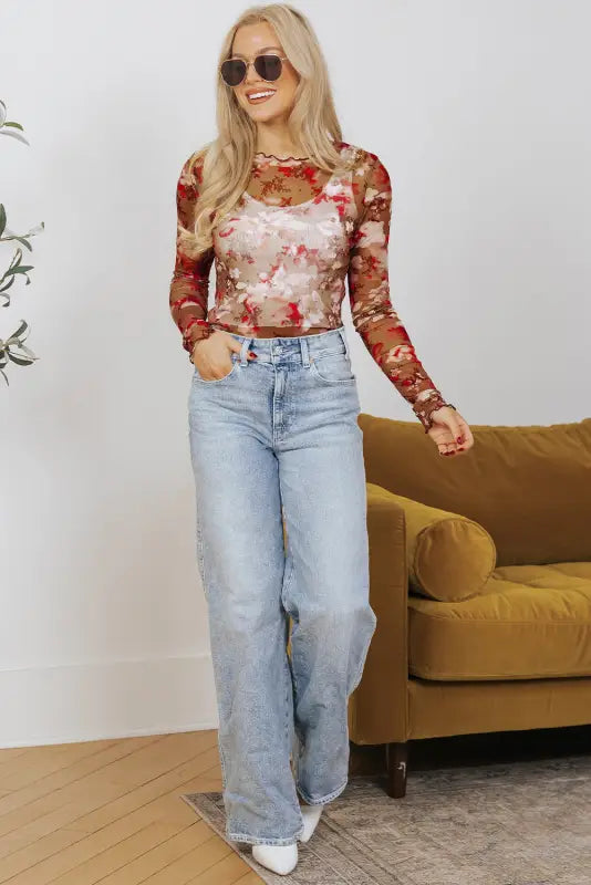 Floral mesh long sleeve top | fashionfitz