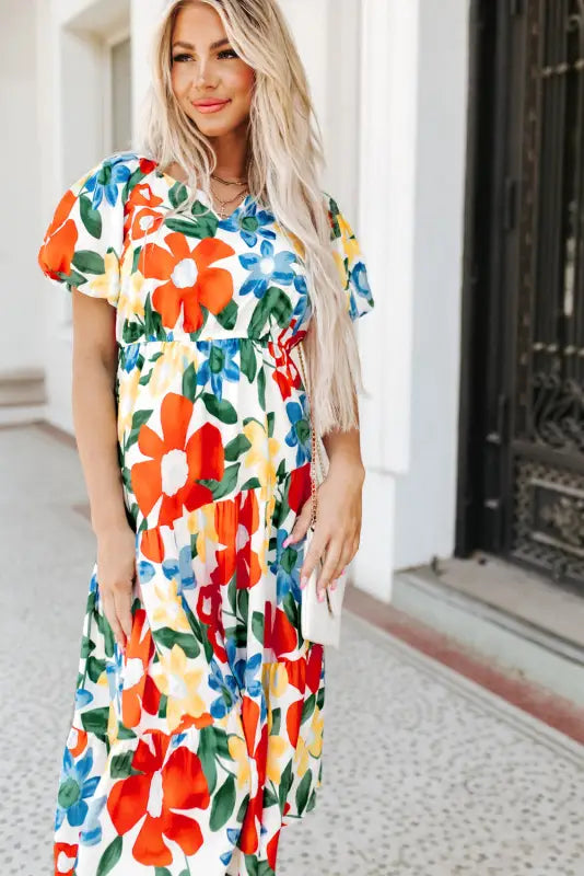 Floral midi dress - multicolor flutter sleeve v neck high waist - dresses