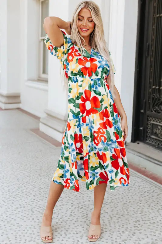 Floral midi dress - multicolor flutter sleeve v neck high waist - dresses