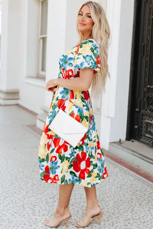 Floral midi dress - multicolor flutter sleeve v neck high waist - dresses