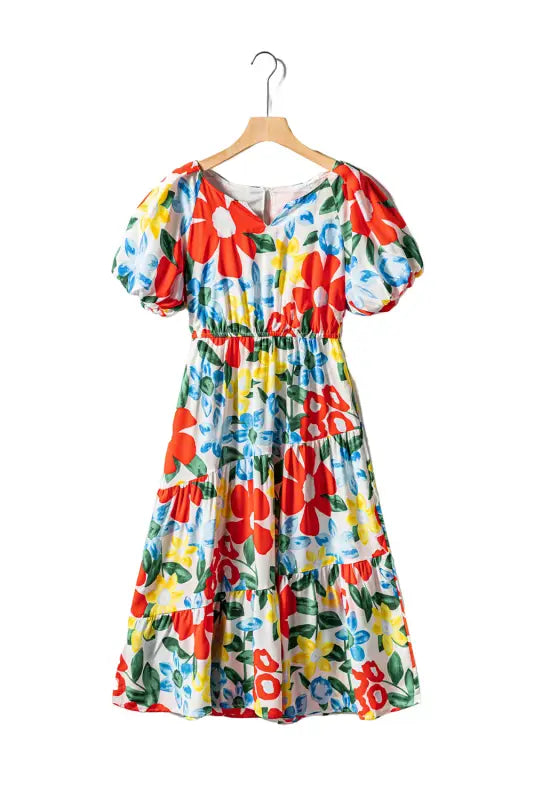 Floral midi dress - multicolor flutter sleeve v neck high waist - dresses