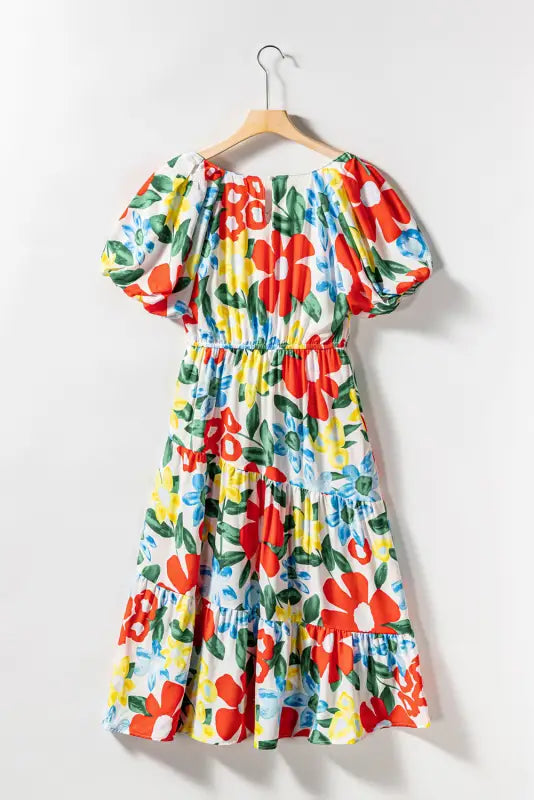 Floral midi dress - multicolor flutter sleeve v neck high waist - dresses