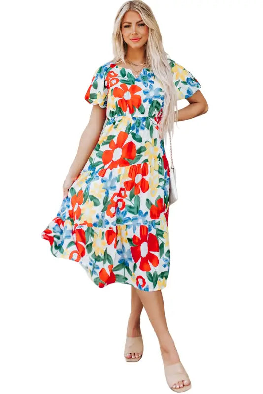 Floral midi dress - multicolor flutter sleeve v neck high waist - dresses