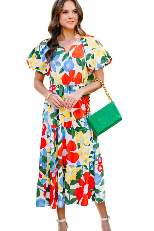 Floral midi dress - multicolor flutter sleeve v neck high waist - dresses