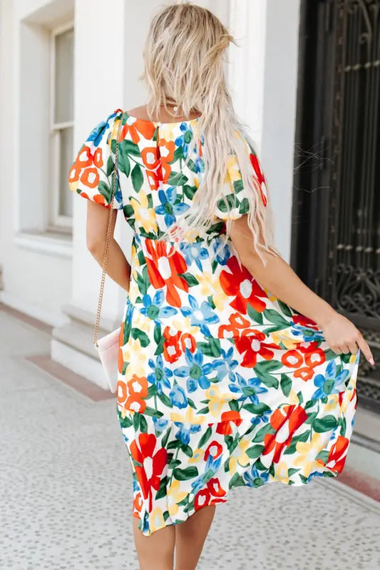 Floral midi dress - multicolor flutter sleeve v neck high waist - dresses