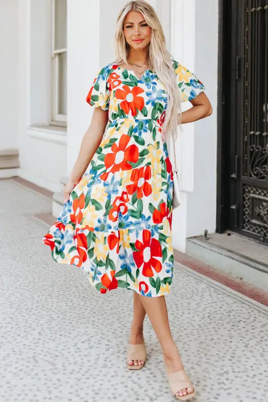 Floral midi dress - multicolor flutter sleeve v neck high waist - multicolor1 / s / 100% polyester - dresses